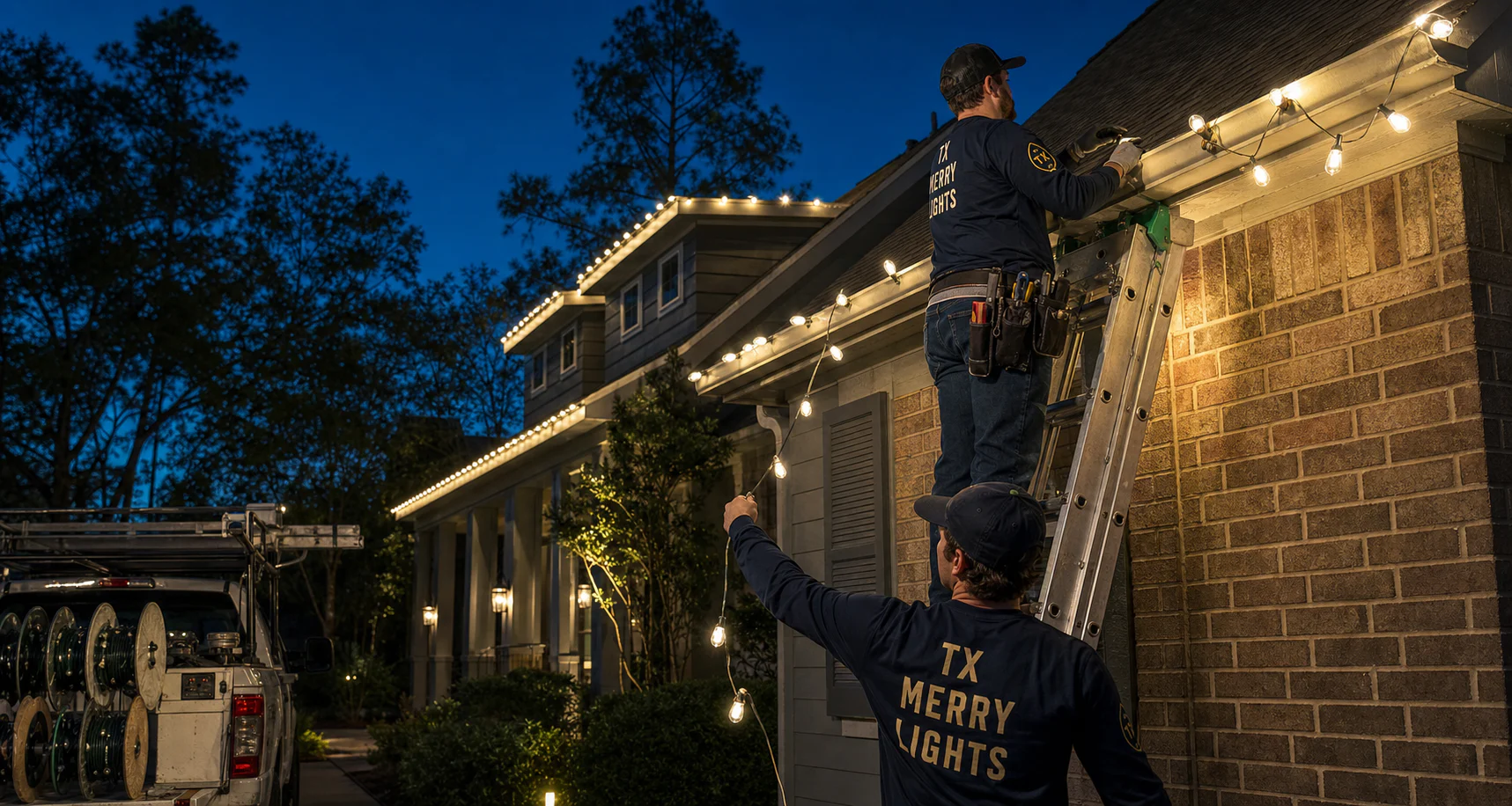 Professional Christmas light installers fitting C9 roofline lights on a Texas home